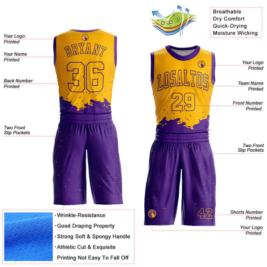 Custom Gold Purple Color Splash Round Neck Sublimation Basketball Suit Jersey - Sky-Custom