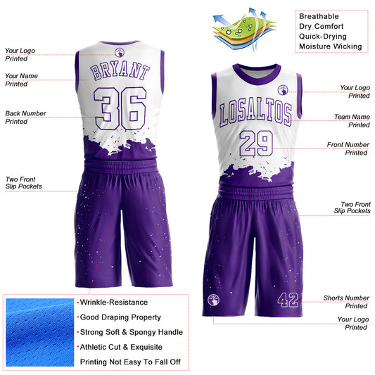 Custom White Purple Color Splash Round Neck Sublimation Basketball Suit Jersey - Sky-Custom