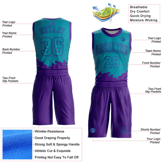 Custom Teal Purple Color Splash Round Neck Sublimation Basketball Suit Jersey - Sky-Custom