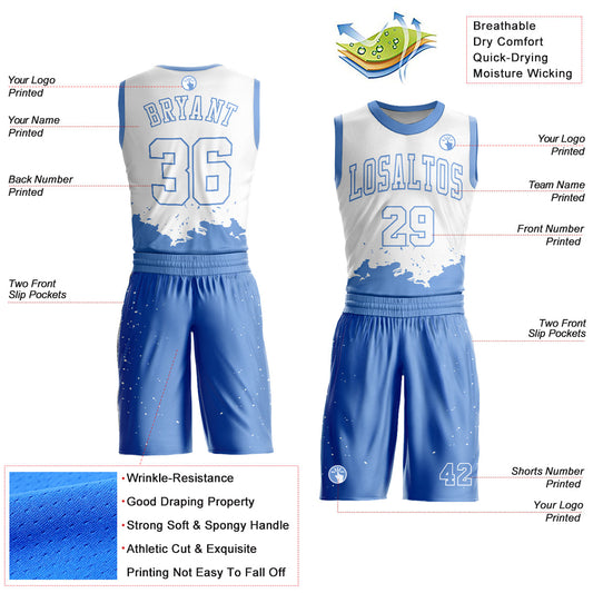 Custom White Light Blue Color Splash Round Neck Sublimation Basketball Suit Jersey - Sky-Custom
