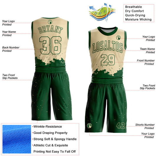 Custom Cream Green Color Splash Round Neck Sublimation Basketball Suit Jersey - Sky-Custom