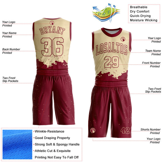 Custom Cream Maroon Color Splash Round Neck Sublimation Basketball Suit Jersey - Sky-Custom