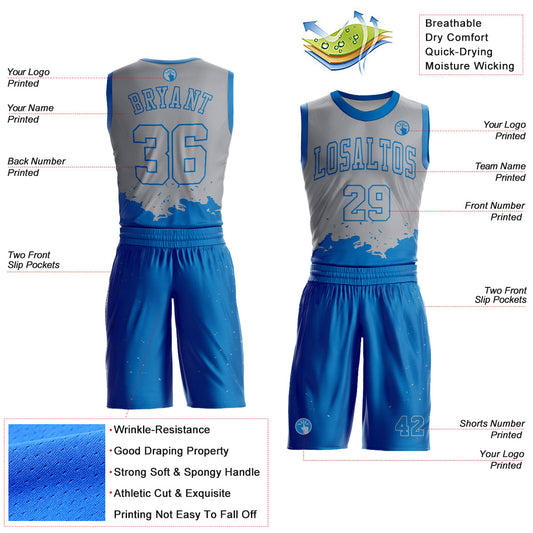 Custom Gray Blue Color Splash Round Neck Sublimation Basketball Suit Jersey - Sky-Custom