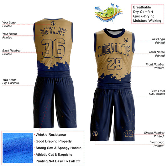 Custom Old Gold Navy Color Splash Round Neck Sublimation Basketball Suit Jersey - Sky-Custom