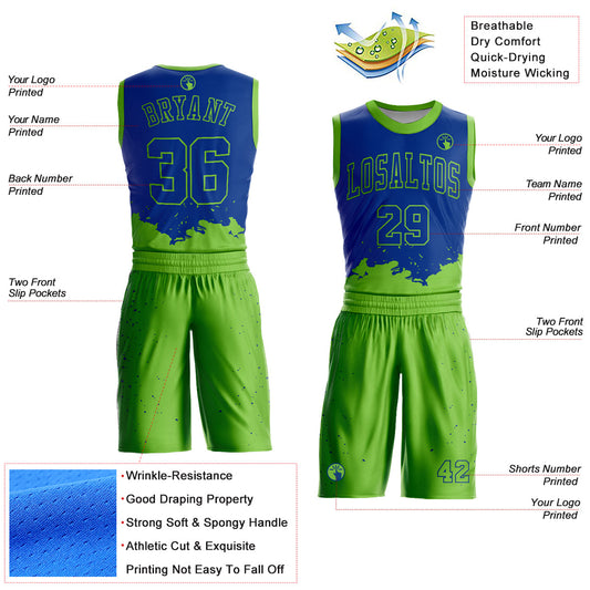 Custom Royal Neon Green Color Splash Round Neck Sublimation Basketball Suit Jersey - Sky-Custom
