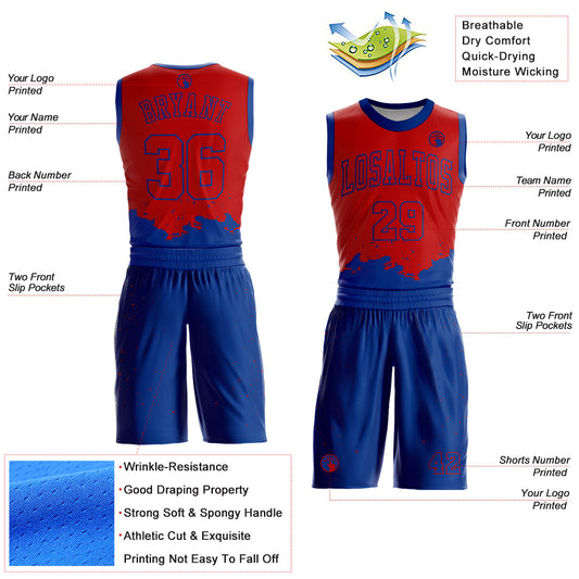 Custom Red Royal Color Splash Round Neck Sublimation Basketball Suit Jersey - Sky-Custom