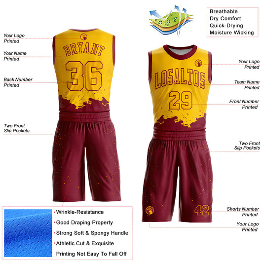 Custom Yellow Maroon Color Splash Round Neck Sublimation Basketball Suit Jersey - Sky-Custom