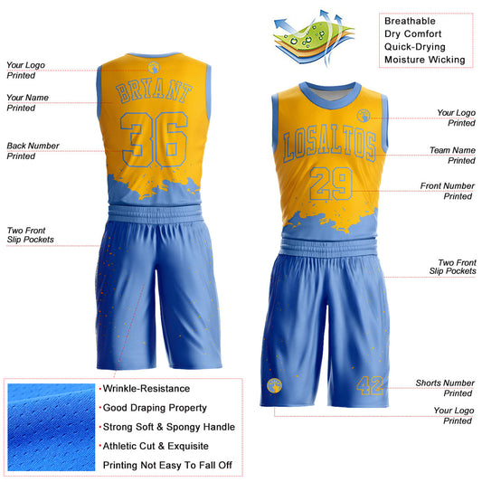 Custom Yellow Light Blue Color Splash Round Neck Sublimation Basketball Suit Jersey - Sky-Custom