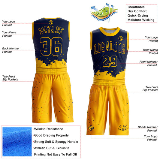 Custom Navy Yellow Color Splash Round Neck Sublimation Basketball Suit Jersey - Sky-Custom