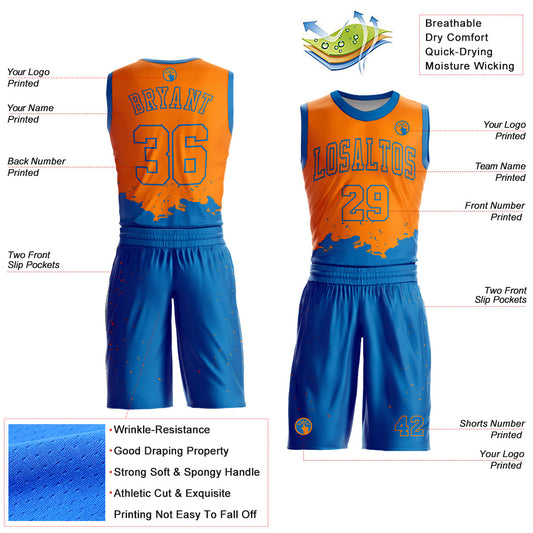 Custom Bay Orange Blue Color Splash Round Neck Sublimation Basketball Suit Jersey - Sky-Custom