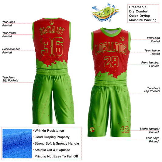 Custom Red Neon Green Color Splash Round Neck Sublimation Basketball Suit Jersey - Sky-Custom