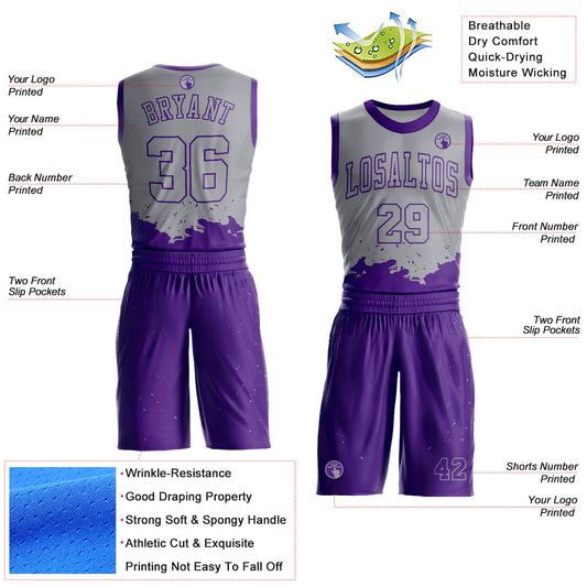 Custom Gray Purple Color Splash Round Neck Sublimation Basketball Suit Jersey - Sky-Custom