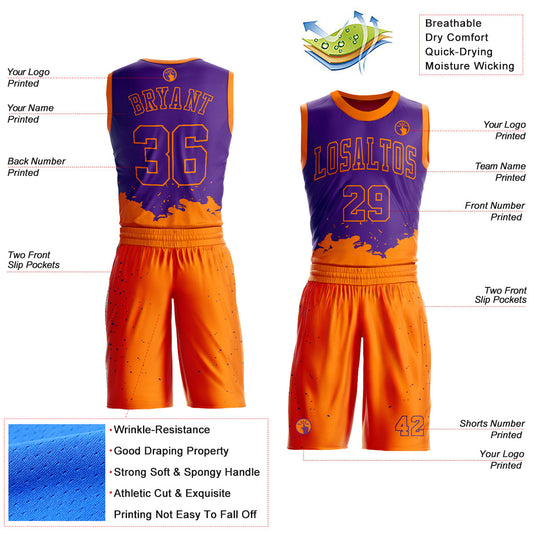 Custom Purple Bay Orange Color Splash Round Neck Sublimation Basketball Suit Jersey - Sky-Custom