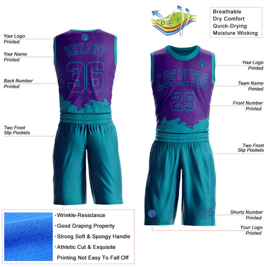 Custom Purple Teal Color Splash Round Neck Sublimation Basketball Suit Jersey - Sky-Custom