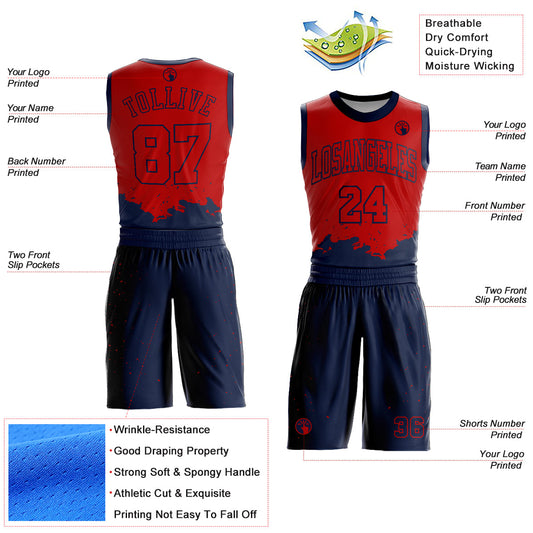Custom Red Navy Color Splash Round Neck Sublimation Basketball Suit Jersey - Sky-Custom