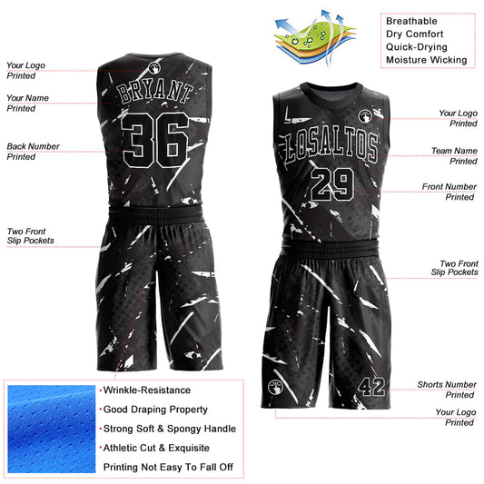 Custom Black White Bright Lines Round Neck Sublimation Basketball Suit Jersey - Sky-Custom