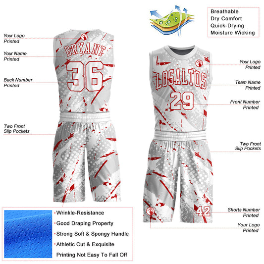 Custom White Red Bright Lines Round Neck Sublimation Basketball Suit Jersey - Sky-Custom