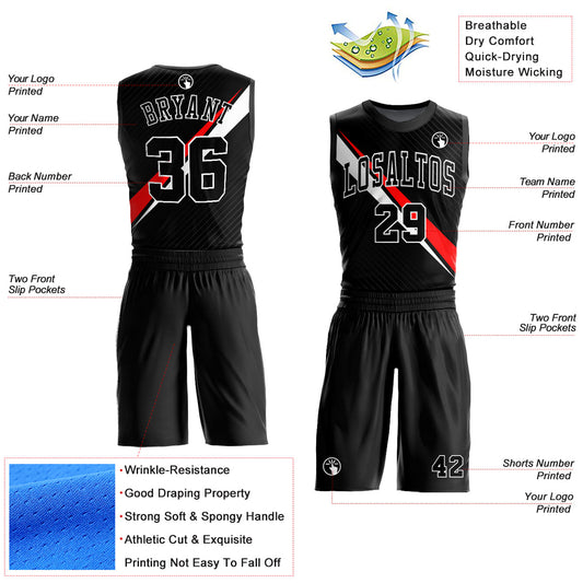 Custom Black White-Red Diagonal Lines Round Neck Sublimation Basketball Suit Jersey - Sky-Custom