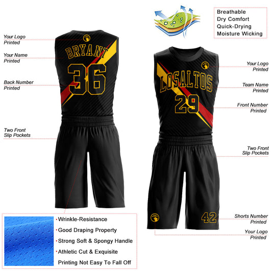 Custom Black Yellow-Red Diagonal Lines Round Neck Sublimation Basketball Suit Jersey - Sky-Custom