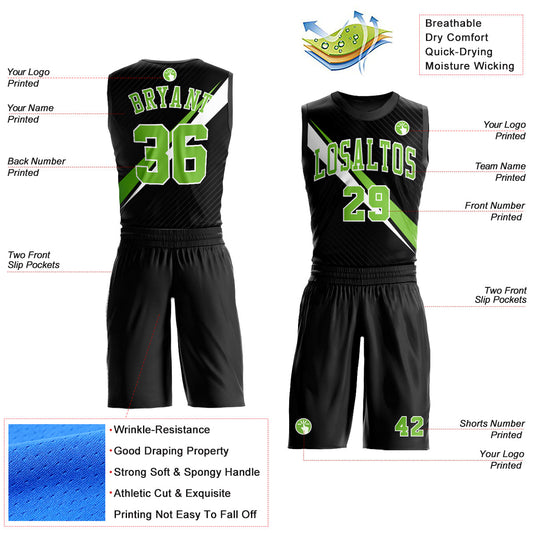 Custom Black Neon Green-White Diagonal Lines Round Neck Sublimation Basketball Suit Jersey - Sky-Custom