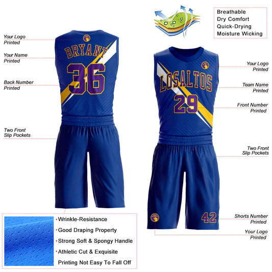 Custom Royal Purple-Yellow Diagonal Lines Round Neck Sublimation Basketball Suit Jersey - Sky-Custom