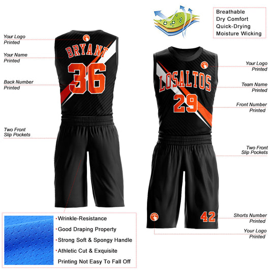 Custom Black Orange-White Diagonal Lines Round Neck Sublimation Basketball Suit Jersey - Sky-Custom