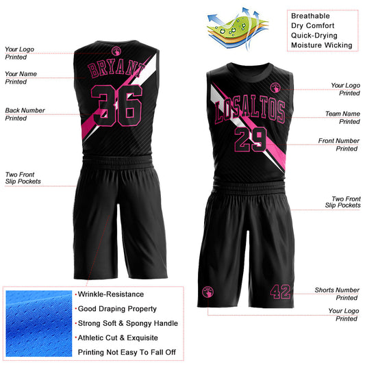 Custom Black Pink-White Diagonal Lines Round Neck Sublimation Basketball Suit Jersey - Sky-Custom