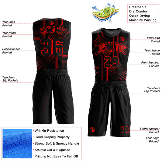 Custom Black Red Tracks Round Neck Sublimation Basketball Suit Jersey - Sky-Custom