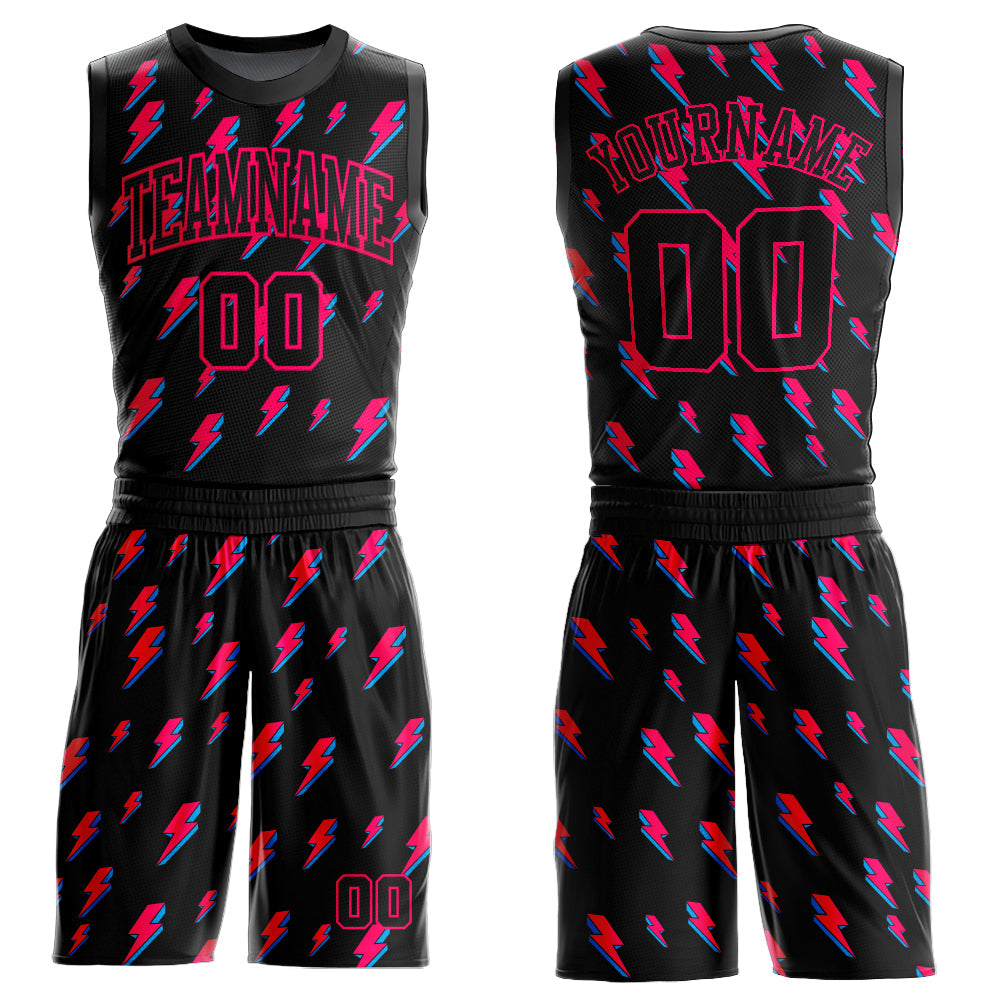 Custom Black Pink Lightning Shapes Round Neck Sublimation Basketball Suit Jersey - Sky-Custom