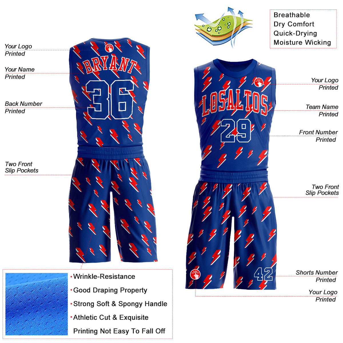 Custom Royal Red-White Lightning Shapes Round Neck Sublimation Basketball Suit Jersey - Sky-Custom