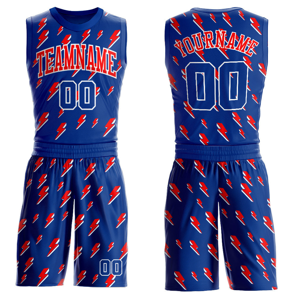 Custom Royal Red-White Lightning Shapes Round Neck Sublimation Basketball Suit Jersey - Sky-Custom