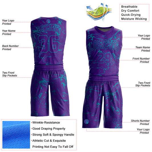 Custom Purple Teal Abstract Grunge Art Round Neck Sublimation Basketball Suit Jersey - Sky-Custom