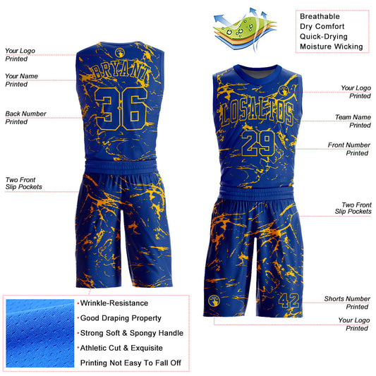 Custom Royal Gold Abstract Grunge Art Round Neck Sublimation Basketball Suit Jersey - Sky-Custom