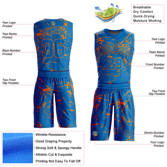 Custom Blue Bay Orange Abstract Grunge Art Round Neck Sublimation Basketball Suit Jersey - Sky-Custom