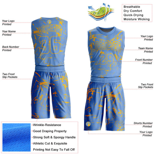Custom Light Blue Gold Abstract Grunge Art Round Neck Sublimation Basketball Suit Jersey - Sky-Custom