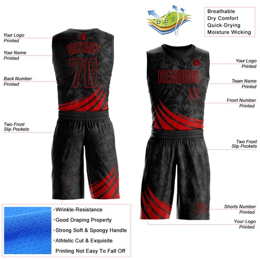 Custom Black Red Wind Shapes Round Neck Sublimation Basketball Suit Jersey - Sky-Custom