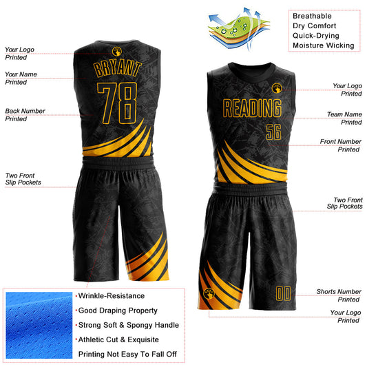 Custom Black Gold Wind Shapes Round Neck Sublimation Basketball Suit Jersey - Sky-Custom