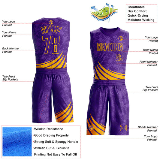 Custom Purple Gold Wind Shapes Round Neck Sublimation Basketball Suit Jersey - Sky-Custom