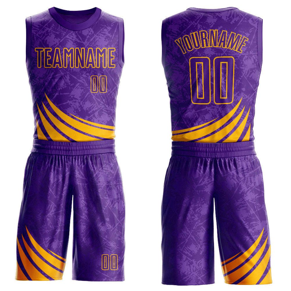 Custom Purple Gold Wind Shapes Round Neck Sublimation Basketball Suit Jersey - Sky-Custom