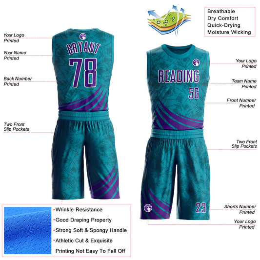 Custom Teal Purple-White Wind Shapes Round Neck Sublimation Basketball Suit Jersey - Sky-Custom