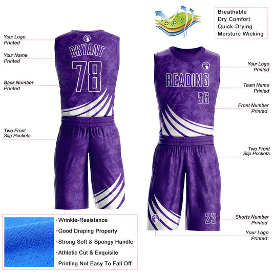 Custom Purple White Wind Shapes Round Neck Sublimation Basketball Suit Jersey - Sky-Custom