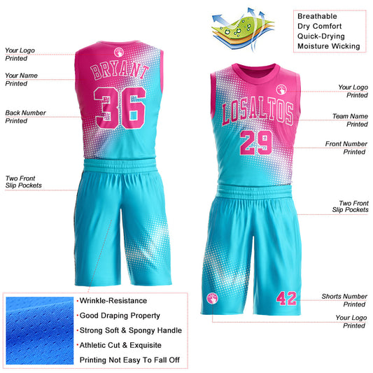 Custom Sky Blue Pink-White Gradient Two Tone Diamond Shape Round Neck Sublimation Basketball Suit Jersey - Sky-Custom