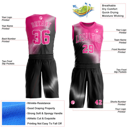Custom Black Pink-White Gradient Two Tone Diamond Shape Round Neck Sublimation Basketball Suit Jersey - Sky-Custom