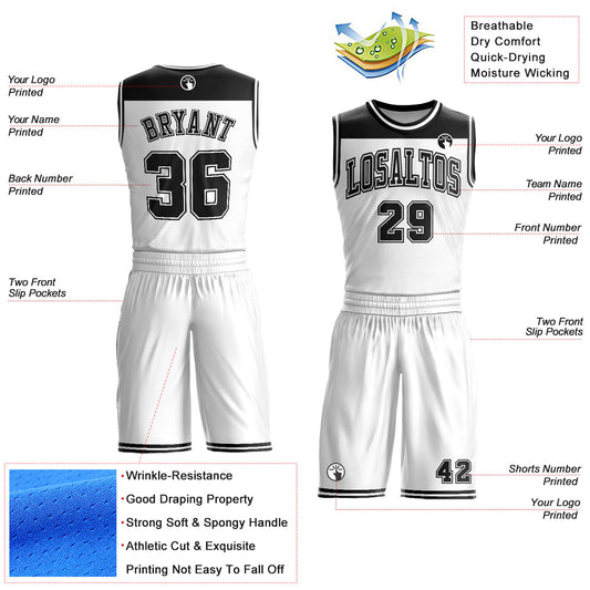 Custom White Black Color Block Round Neck Sublimation Basketball Suit Jersey - Sky-Custom