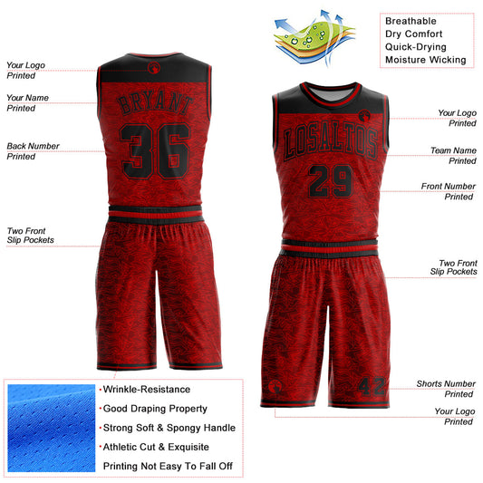 Custom Red Black Color Block Round Neck Sublimation Basketball Suit Jersey - Sky-Custom