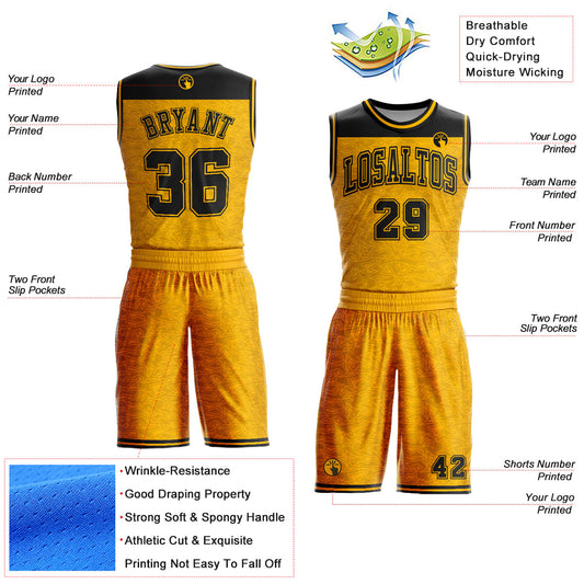 Custom Gold Black Color Block Round Neck Sublimation Basketball Suit Jersey - Sky-Custom