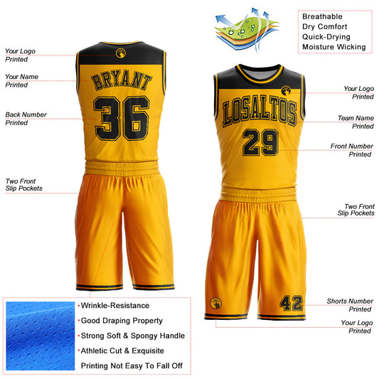 Custom Gold Black Color Block Round Neck Sublimation Basketball Suit Jersey - Sky-Custom