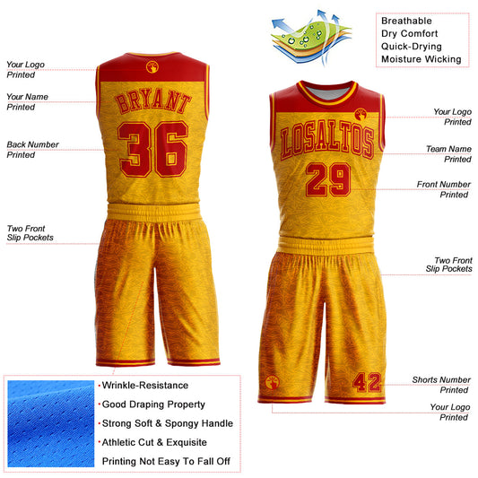 Custom Gold Red Color Block Round Neck Sublimation Basketball Suit Jersey - Sky-Custom