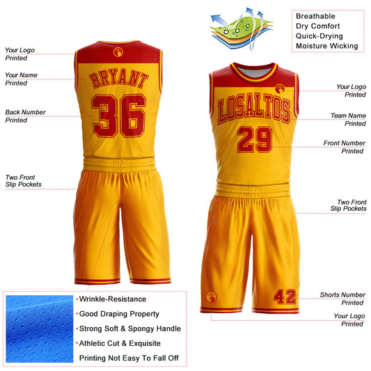 Custom Gold Red Color Block Round Neck Sublimation Basketball Suit Jersey - Sky-Custom