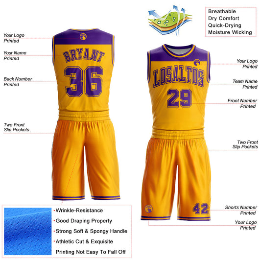 Custom Gold Purple Color Block Round Neck Sublimation Basketball Suit Jersey - Sky-Custom
